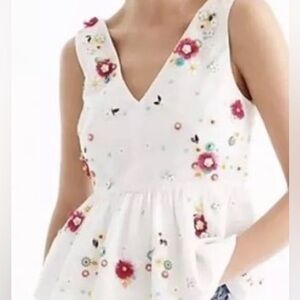 J. Crew White V-Neck Sleeveless Peplum Top with Embroidered Floral Accents
